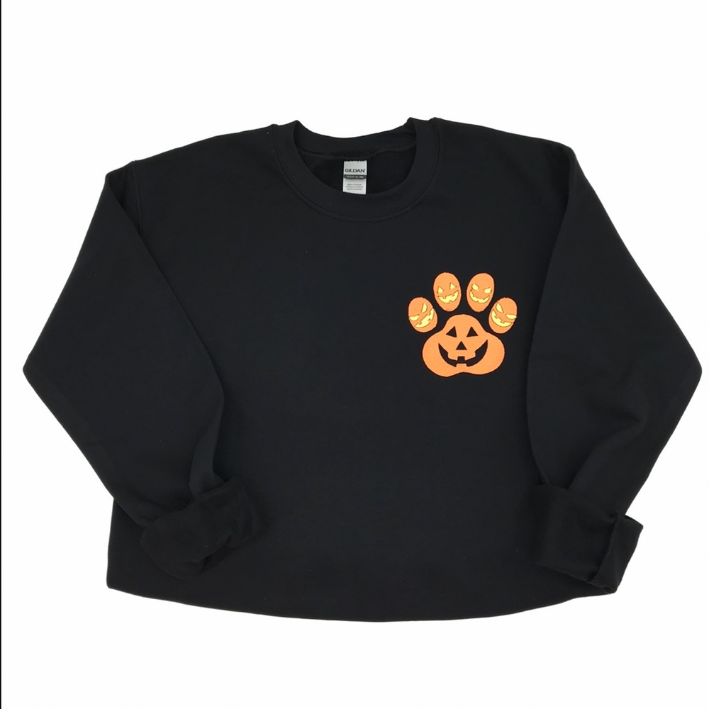 Gildan Halloween Sweatshirt with Embroidered Glow in the Dark Pumpkin Paw Print